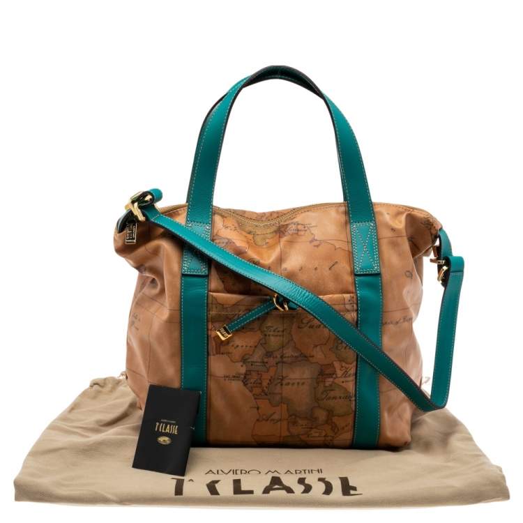 Pre Owned Alviero Martini 1A Classe Tan/Green Geo Print Coated Canvas and Leather Zip Tote