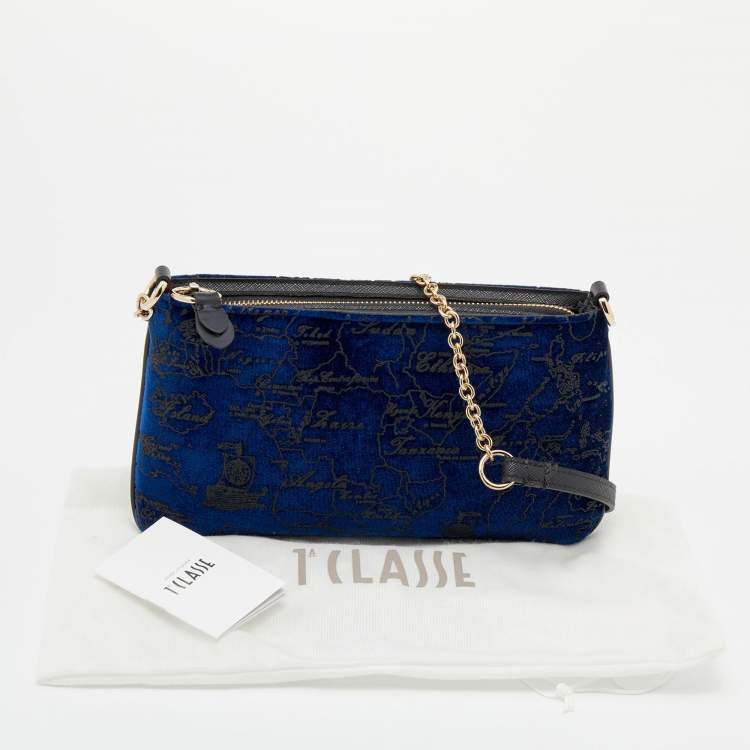 Pre Owned Alviero Martini 1A Classe Dark Blue Geo Print Velvet and Leather Shoulder Bag