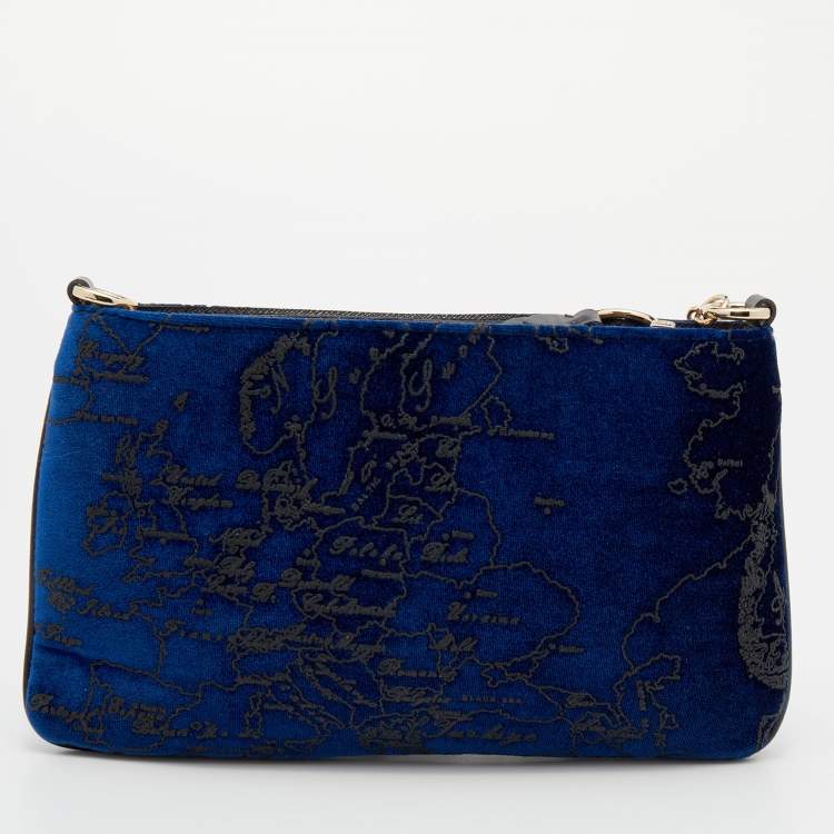 Pre Owned Alviero Martini 1A Classe Dark Blue Geo Print Velvet and Leather Shoulder Bag
