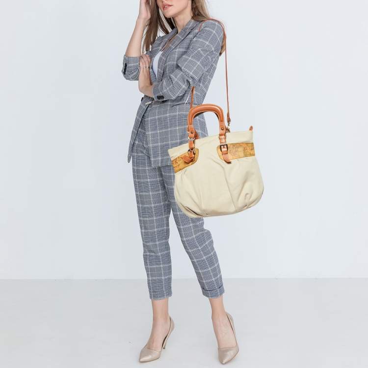 Pre Owned Alviero Martini 1A Classe Beige/Brown Geo Print Coated Canvas,Canvas and Leather Satchel