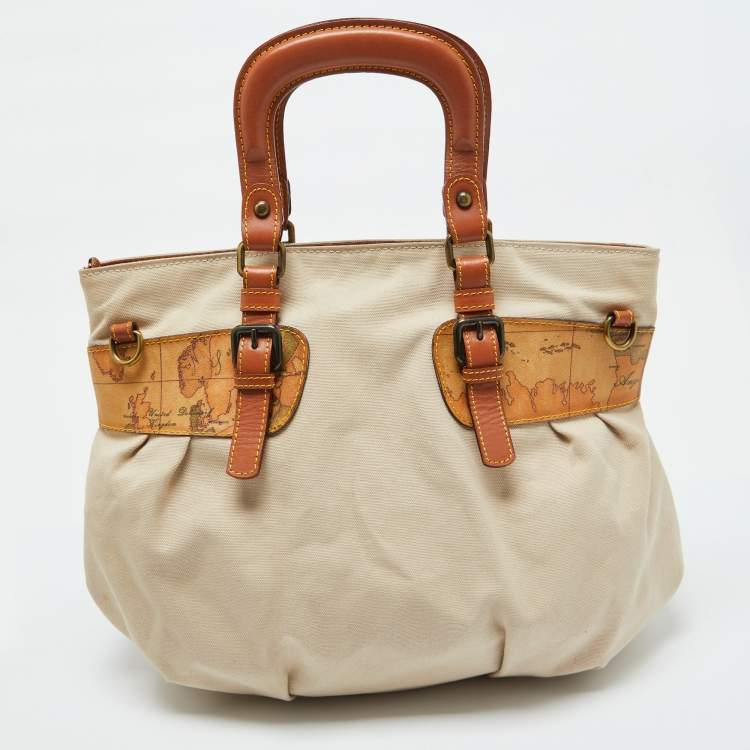 Pre Owned Alviero Martini 1A Classe Beige/Brown Geo Print Coated Canvas,Canvas and Leather Satchel