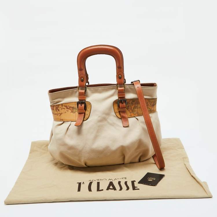 Pre Owned Alviero Martini 1A Classe Beige/Brown Geo Print Coated Canvas,Canvas and Leather Satchel