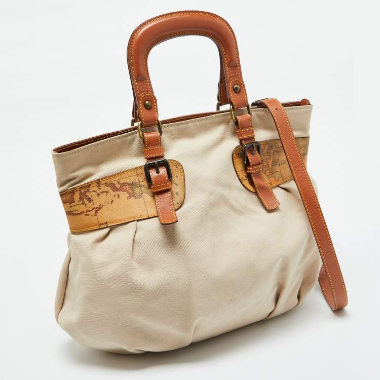 Pre Owned Alviero Martini 1A Classe Beige/Brown Geo Print Coated Canvas,Canvas and Leather Satchel