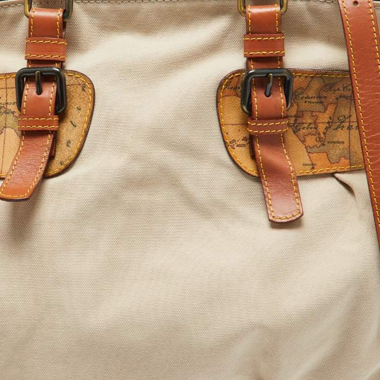 Pre Owned Alviero Martini 1A Classe Beige/Brown Geo Print Coated Canvas,Canvas and Leather Satchel