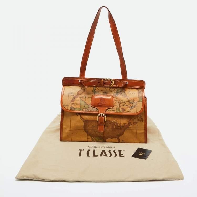 Pre Owned Alviero Martini 1A Classe Tan Geo Print Coated Canvas and Leather Buckle Flap Shoulder Bag