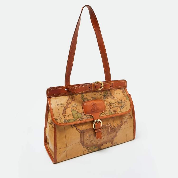 Pre Owned Alviero Martini 1A Classe Tan Geo Print Coated Canvas and Leather Buckle Flap Shoulder Bag