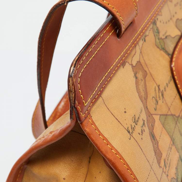 Pre Owned Alviero Martini 1A Classe Tan Geo Print Coated Canvas and Leather Buckle Flap Shoulder Bag