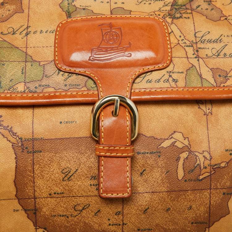 Pre Owned Alviero Martini 1A Classe Tan Geo Print Coated Canvas and Leather Buckle Flap Shoulder Bag