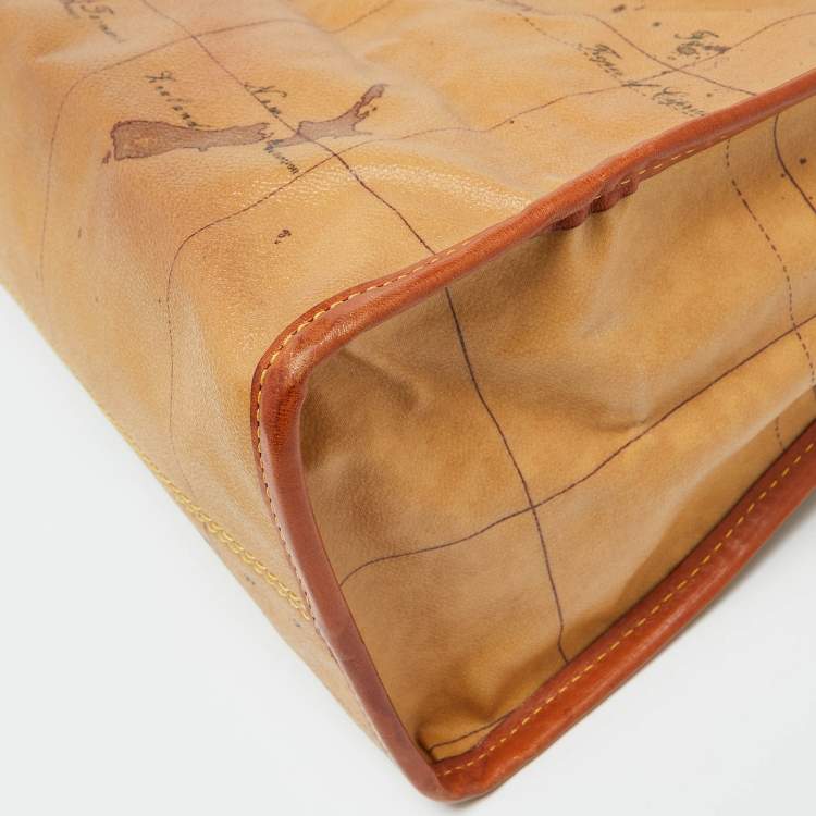 Pre Owned Alviero Martini 1A Classe Tan Geo Print Coated Canvas and Leather Buckle Flap Shoulder Bag