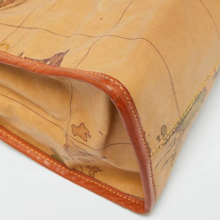 Pre Owned Alviero Martini 1A Classe Tan Geo Print Coated Canvas and Leather Buckle Flap Shoulder Bag