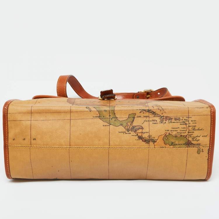Pre Owned Alviero Martini 1A Classe Tan Geo Print Coated Canvas and Leather Buckle Flap Shoulder Bag