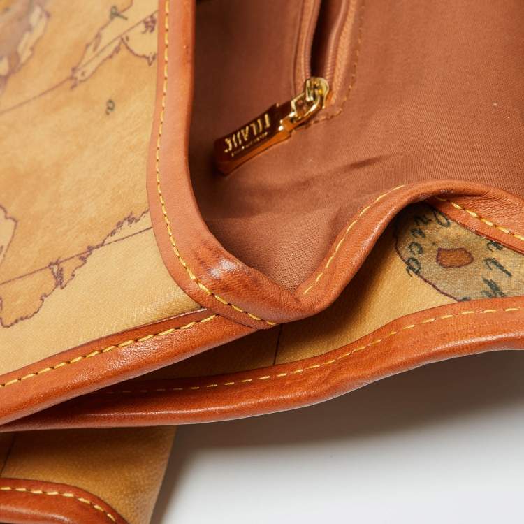 Pre Owned Alviero Martini 1A Classe Tan Geo Print Coated Canvas and Leather Buckle Flap Shoulder Bag