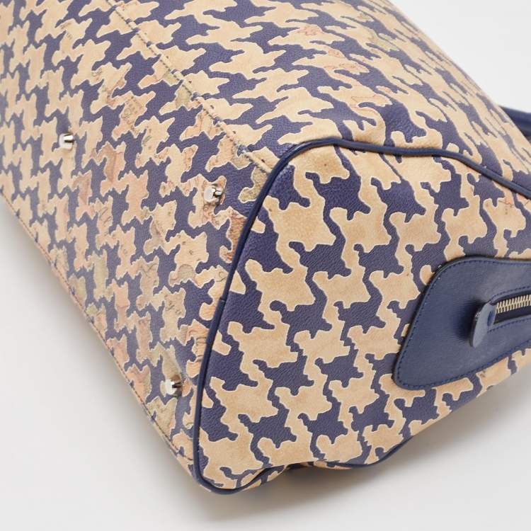 Pre Owned Alviero Martini 1A Classe Blue/Beige Pattern Print Coated Canvas Satchel