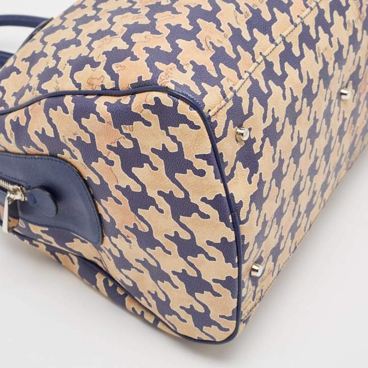 Pre Owned Alviero Martini 1A Classe Blue/Beige Pattern Print Coated Canvas Satchel