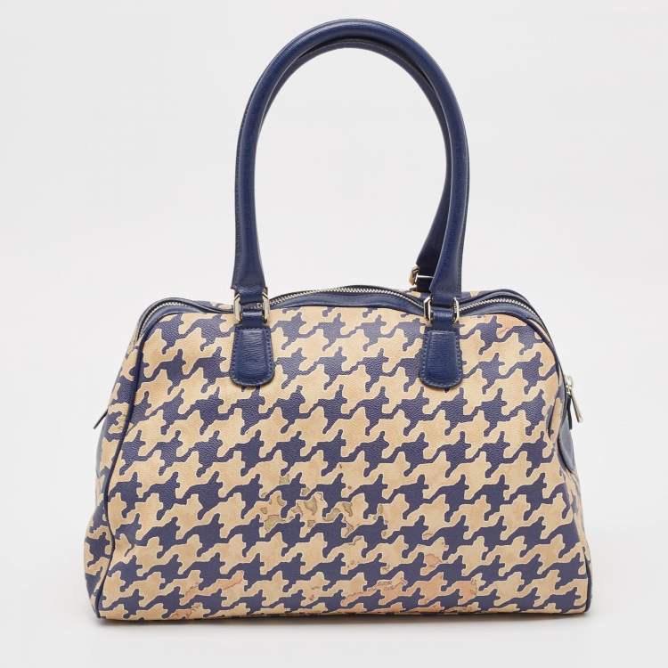 Pre Owned Alviero Martini 1A Classe Blue/Beige Pattern Print Coated Canvas Satchel