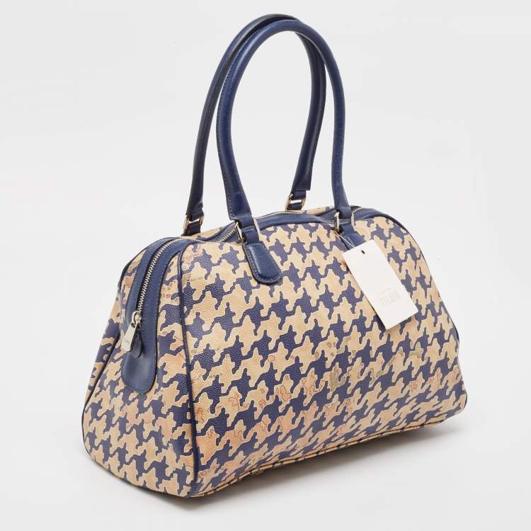 Pre Owned Alviero Martini 1A Classe Blue/Beige Pattern Print Coated Canvas Satchel