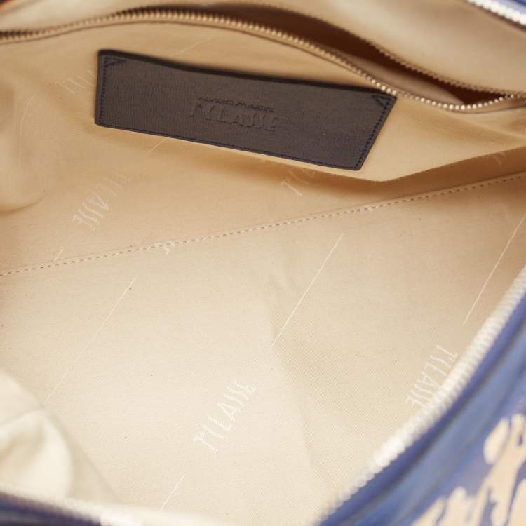 Pre Owned Alviero Martini 1A Classe Blue/Beige Pattern Print Coated Canvas Satchel