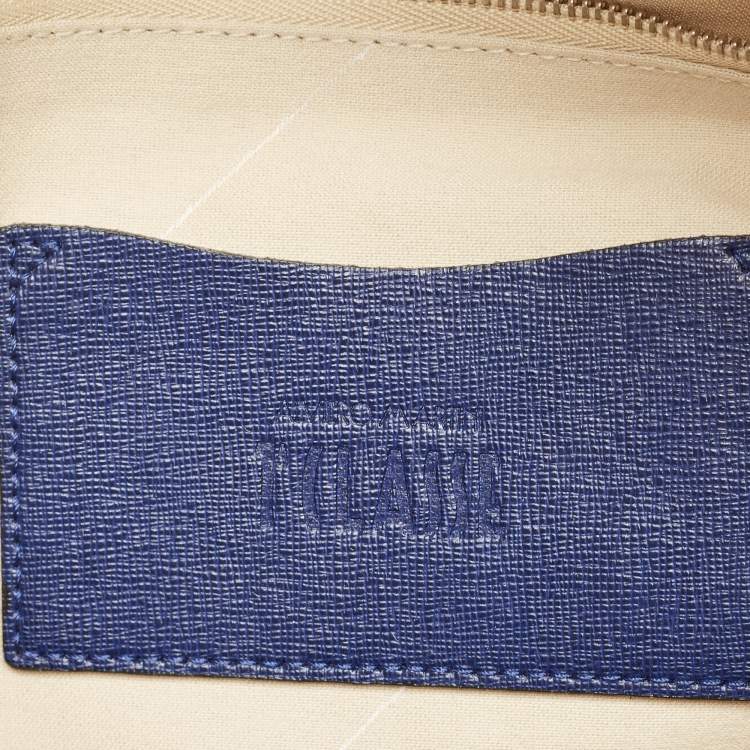 Pre Owned Alviero Martini 1A Classe Blue/Beige Pattern Print Coated Canvas Satchel