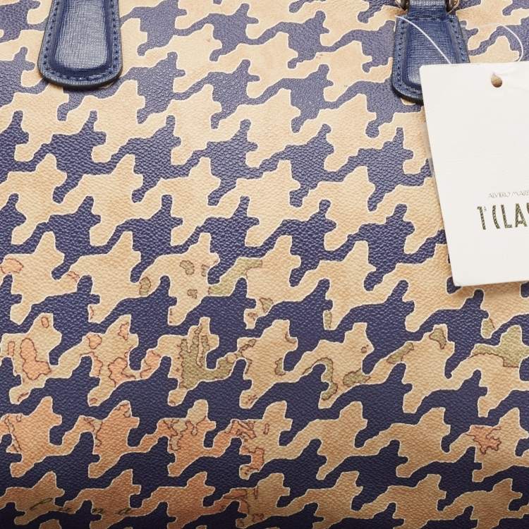 Pre Owned Alviero Martini 1A Classe Blue/Beige Pattern Print Coated Canvas Satchel