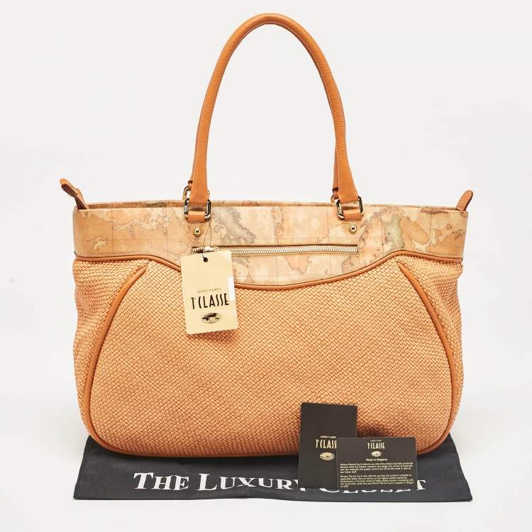 Pre Owned Alviero Martini 1A Classe Orange/Tan Geo Print Coated Canvas and Woven Leather Zip Tote