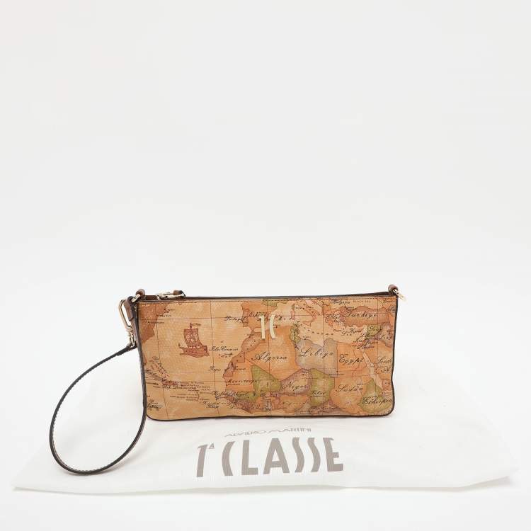 Pre Owned Alviero Martini 1A Classe Brown Geo Print Leather Clutch Wristlet Clutch