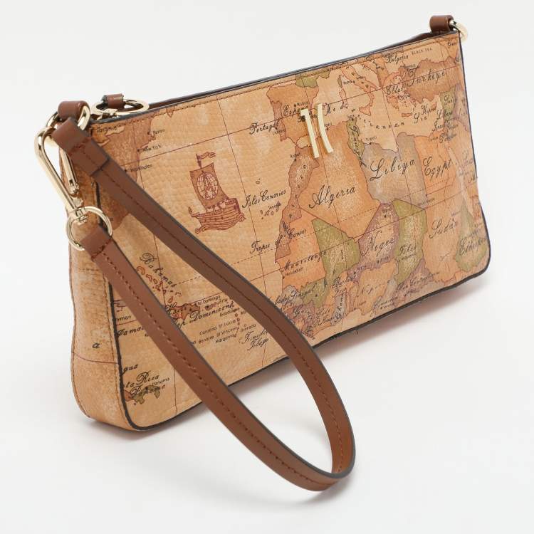 Pre Owned Alviero Martini 1A Classe Brown Geo Print Leather Clutch Wristlet Clutch