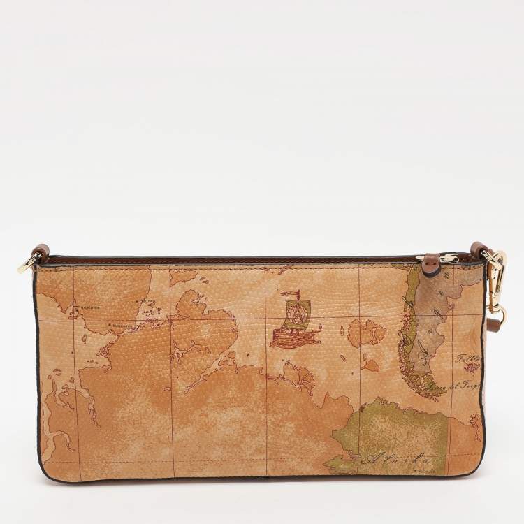 Pre Owned Alviero Martini 1A Classe Brown Geo Print Leather Clutch Wristlet Clutch