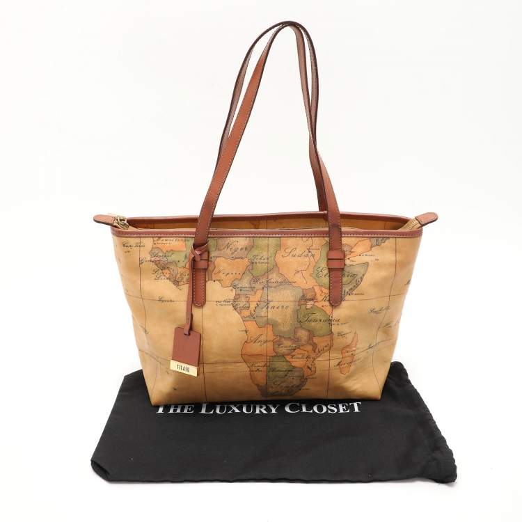 Pre Owned Alviero Martini 1A Classe Beige Geo Classic Printed Coated Canvas and Leather Tote