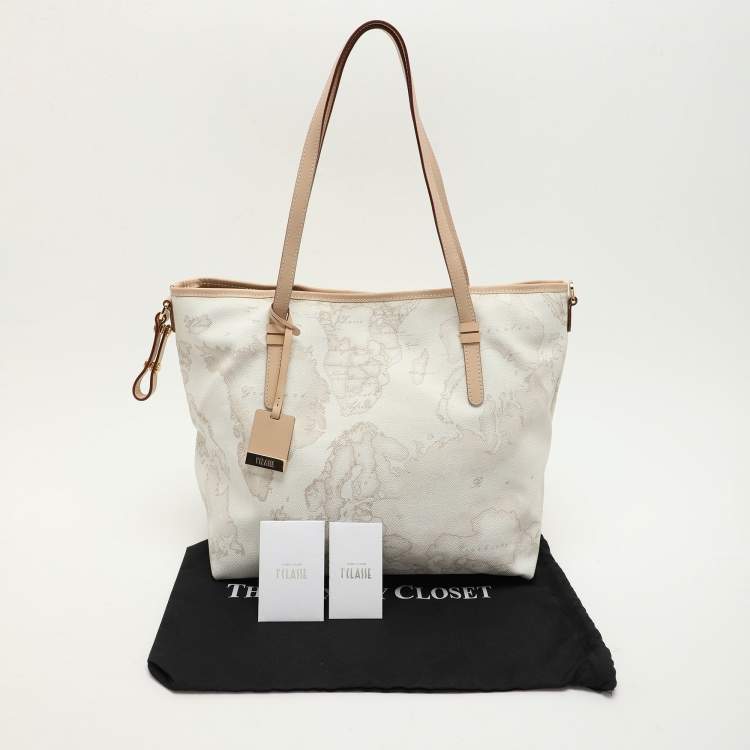 Pre Owned Alviero Martini 1A Classe White Geo Printed Coated Canvas and Leather Tote