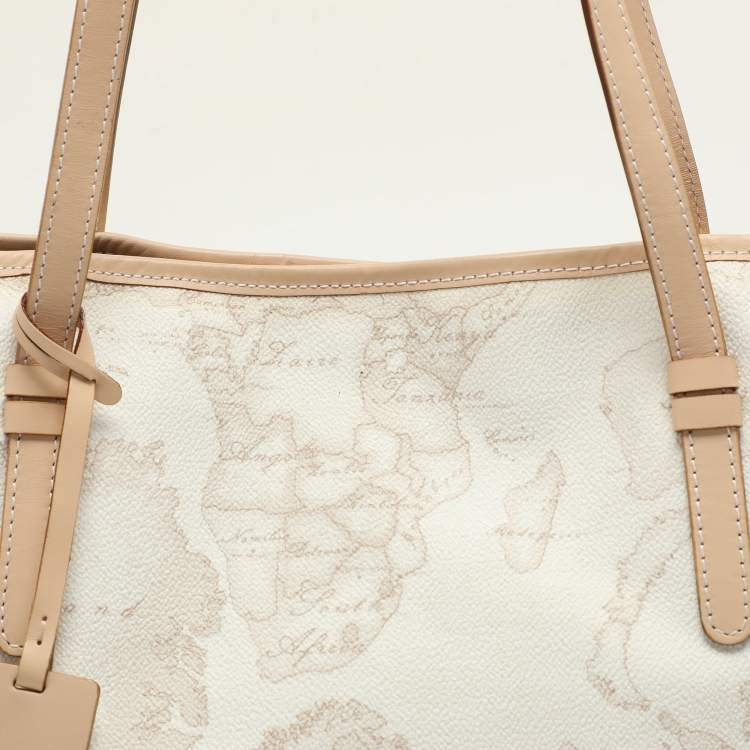 Pre Owned Alviero Martini 1A Classe White Geo Printed Coated Canvas and Leather Tote