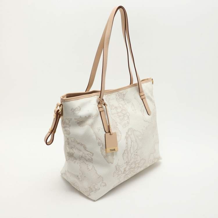 Pre Owned Alviero Martini 1A Classe White Geo Printed Coated Canvas and Leather Tote