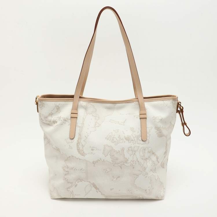 Pre Owned Alviero Martini 1A Classe White Geo Printed Coated Canvas and Leather Tote