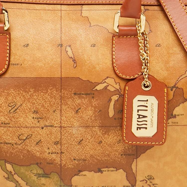 Pre Owned Alviero Martini 1A Classe Tan Geo Classic Print Coated Canvas and Leather Boston Bag