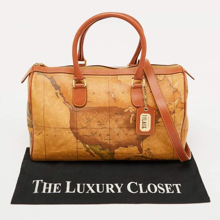 Pre Owned Alviero Martini 1A Classe Tan Geo Classic Print Coated Canvas and Leather Boston Bag