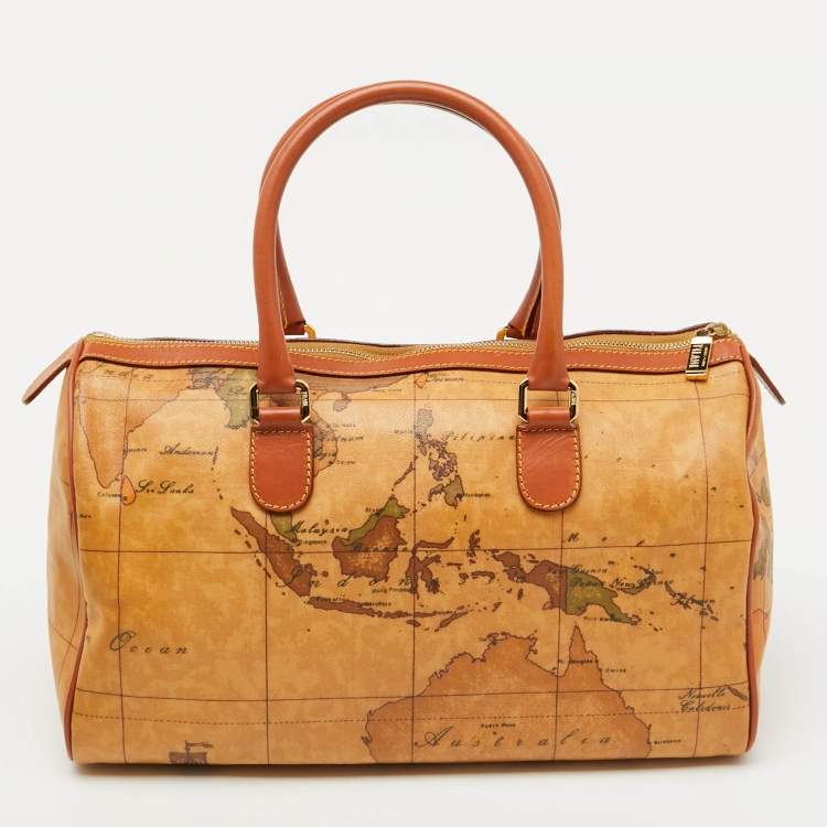 Pre Owned Alviero Martini 1A Classe Tan Geo Classic Print Coated Canvas and Leather Boston Bag