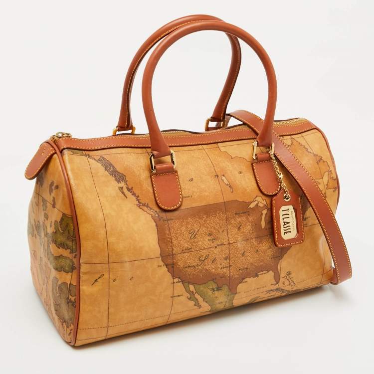 Pre Owned Alviero Martini 1A Classe Tan Geo Classic Print Coated Canvas and Leather Boston Bag