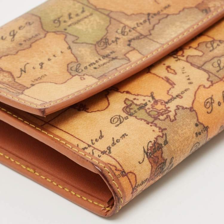 Pre Owned Alviero Martini 1A Classe Tan Geo Print Coated Canvas and Leather Flap Continental Wallet