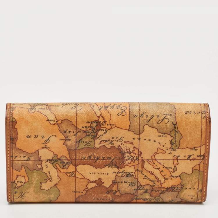 Pre Owned Alviero Martini 1A Classe Tan Geo Print Coated Canvas and Leather Flap Continental Wallet