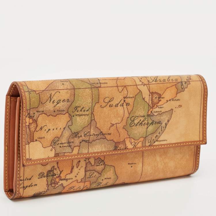 Pre Owned Alviero Martini 1A Classe Tan Geo Print Coated Canvas and Leather Flap Continental Wallet
