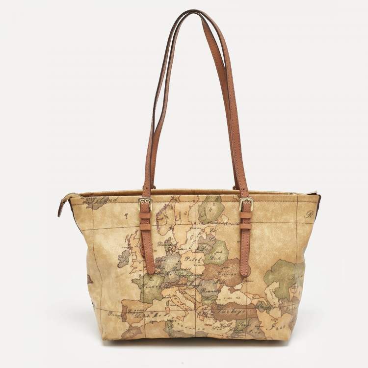 Pre Owned Alviero Martini 1A Classe Tan Coated Canvas and Leather Geo Print Zip Tote