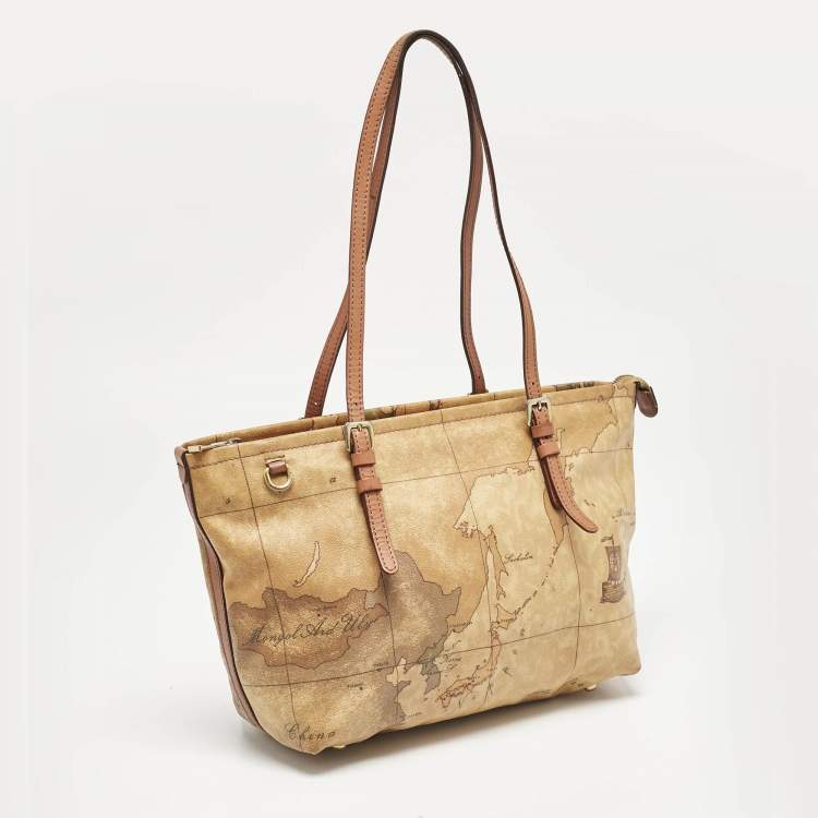 Pre Owned Alviero Martini 1A Classe Tan Coated Canvas and Leather Geo Print Zip Tote