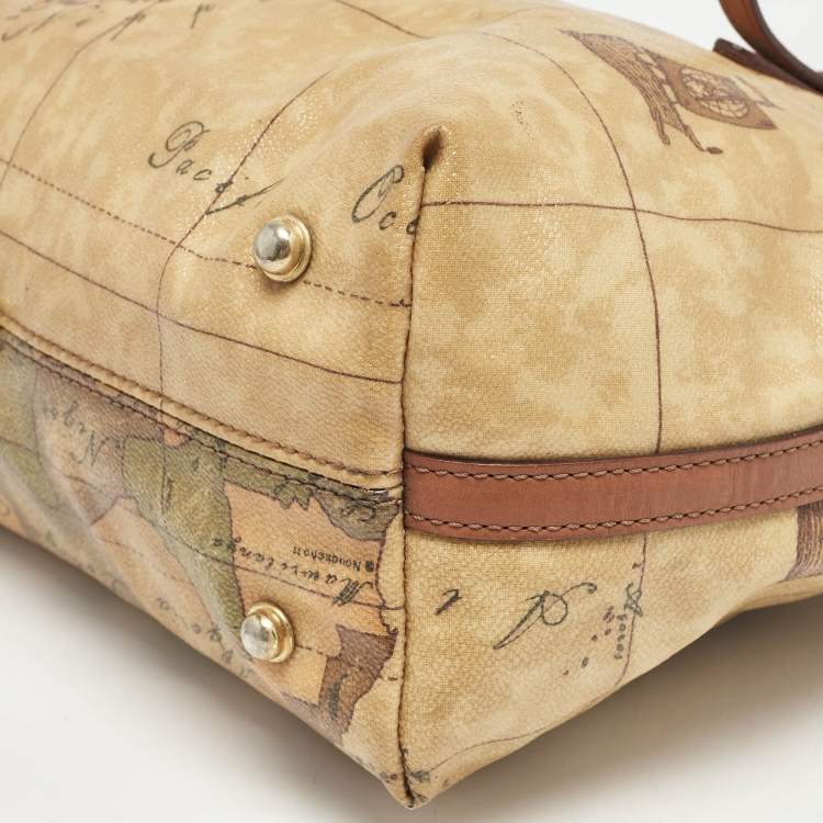 Pre Owned Alviero Martini 1A Classe Tan Coated Canvas and Leather Geo Print Zip Tote