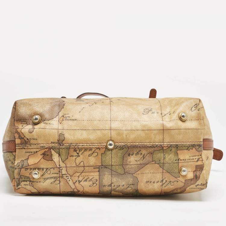 Pre Owned Alviero Martini 1A Classe Tan Coated Canvas and Leather Geo Print Zip Tote