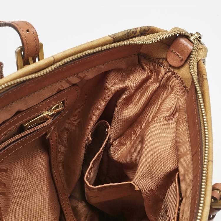 Pre Owned Alviero Martini 1A Classe Tan Coated Canvas and Leather Geo Print Zip Tote