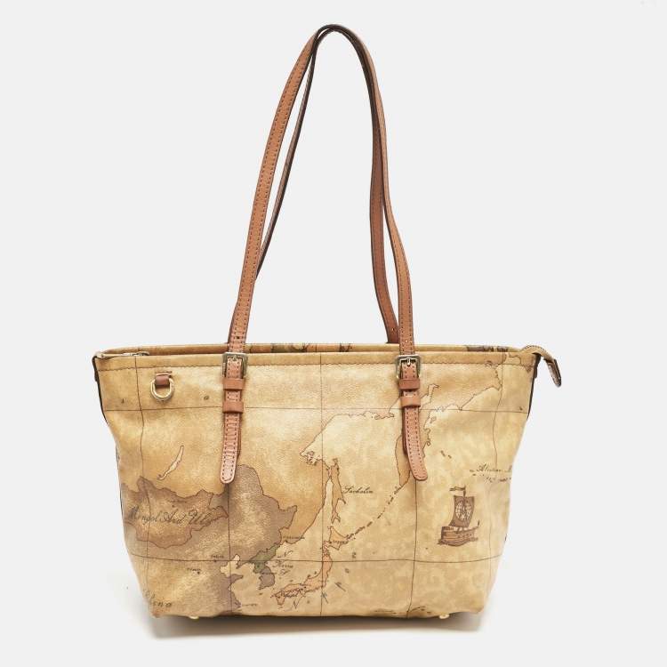 Pre Owned Alviero Martini 1A Classe Tan Coated Canvas and Leather Geo Print Zip Tote