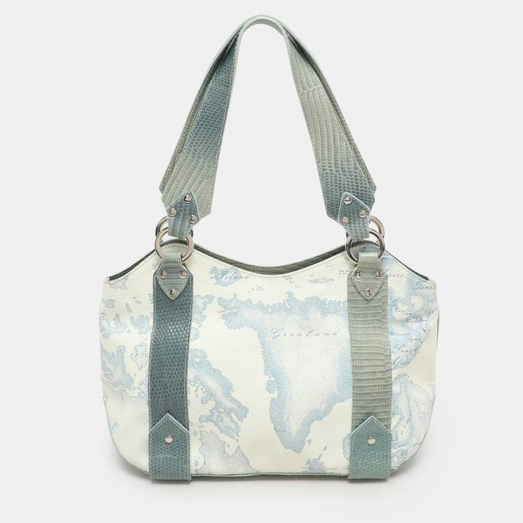 Pre Owned Alviero Martini 1A Classe Blue Geo Print Coated Canvas Vintage Shoulder Bag