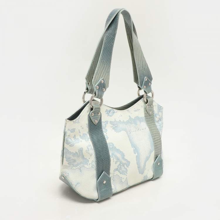 Pre Owned Alviero Martini 1A Classe Blue Geo Print Coated Canvas Vintage Shoulder Bag