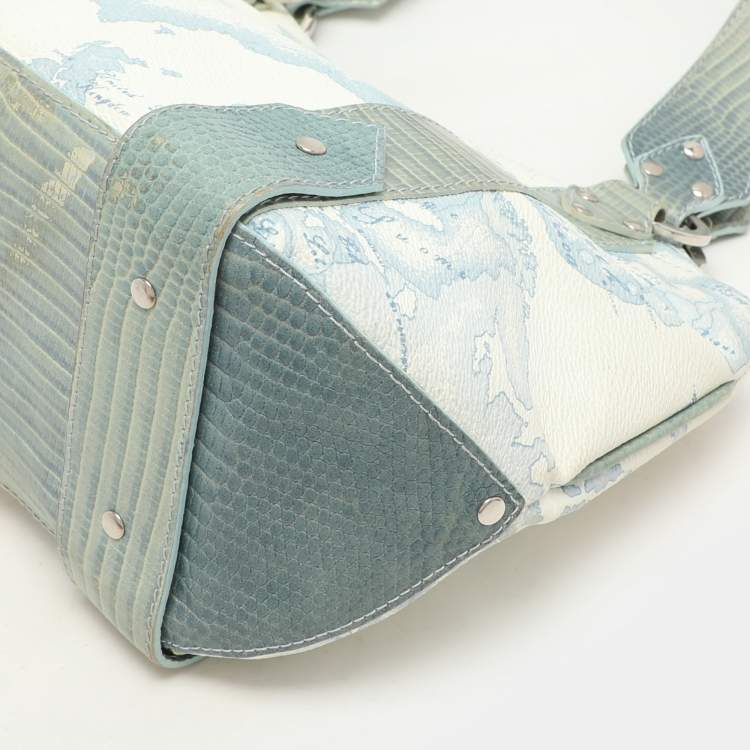 Pre Owned Alviero Martini 1A Classe Blue Geo Print Coated Canvas Vintage Shoulder Bag