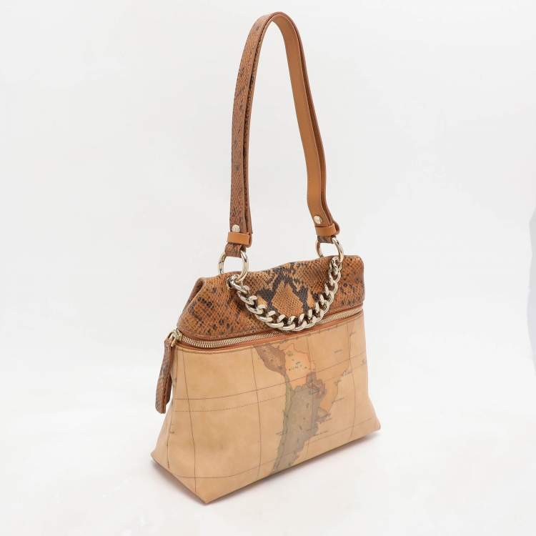 Pre Owned Alviero Martini 1A Classe Tan Geo Canvas and Python Embossed Leather Top Handle Bag