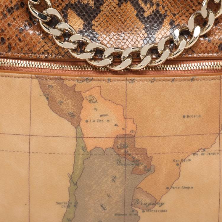 Pre Owned Alviero Martini 1A Classe Tan Geo Canvas and Python Embossed Leather Top Handle Bag